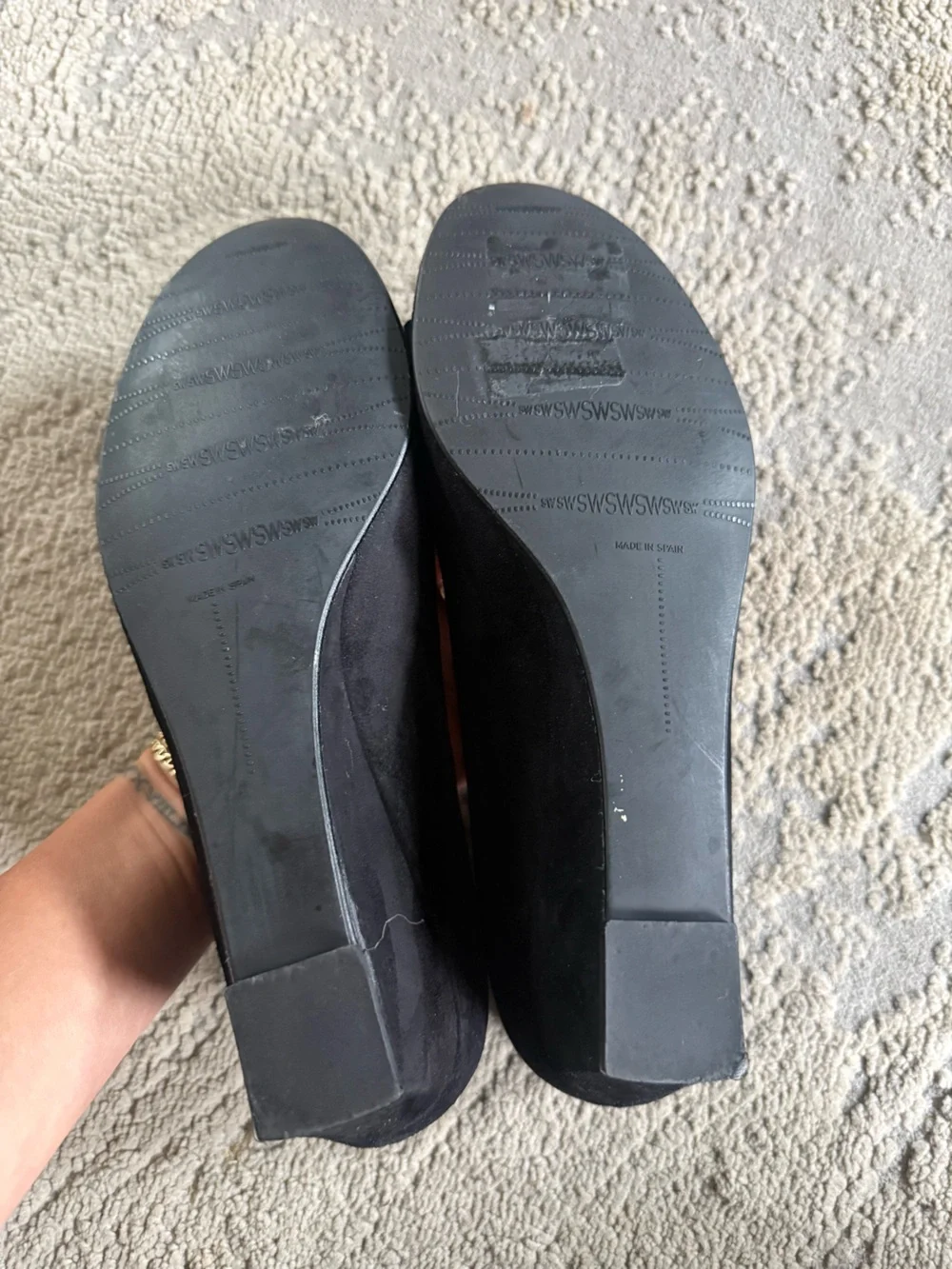Stuart Weitzman Frobozzie black Suede leather wedge Heels chain bow 8